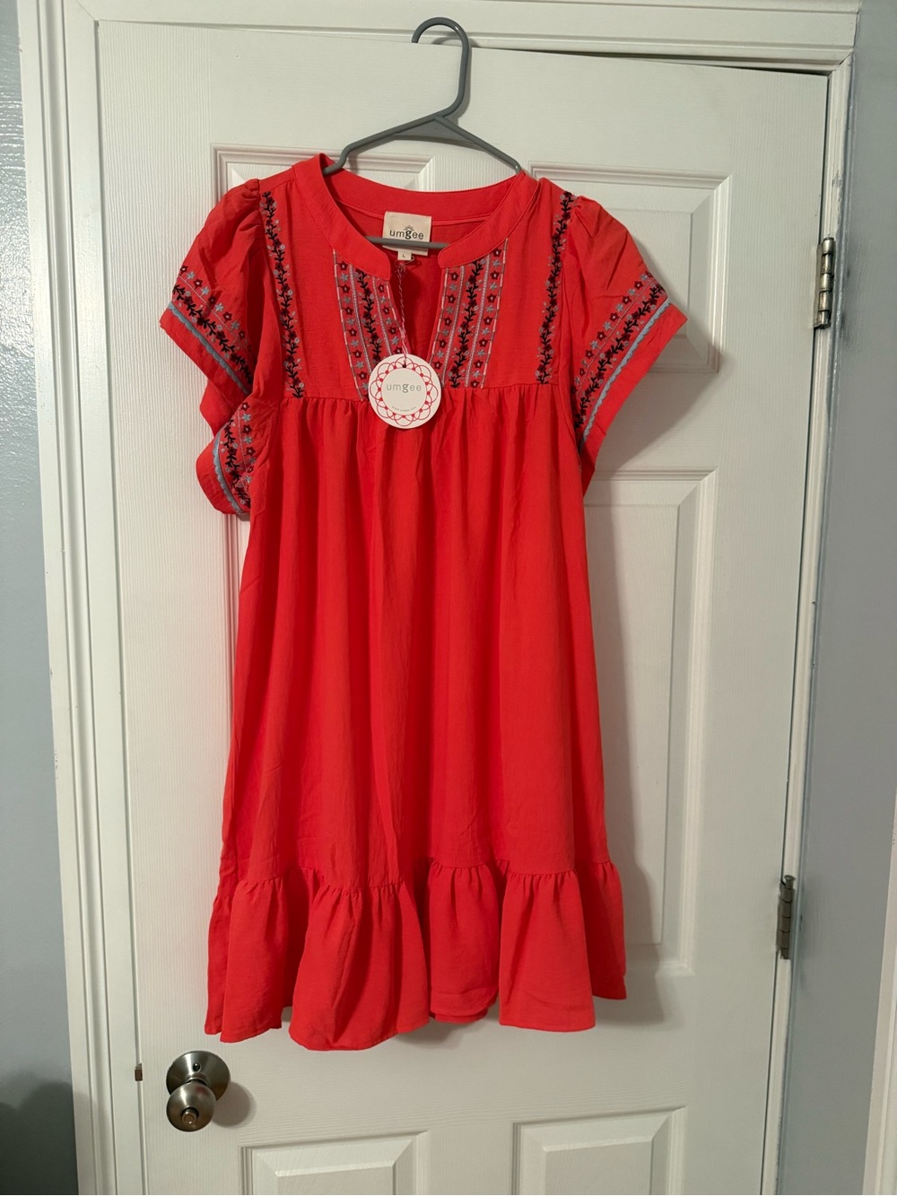 Umgee Red Embroidered Flutter Sleeve Dress